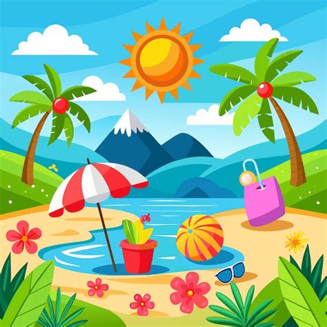 A Cartoon Illustration Of A Beach Scene With A Sun And Palm Trees