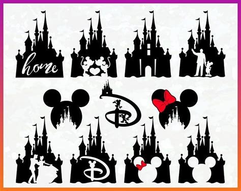 Disney Castle Silhouettes Are Shown In Black And White With Red Hearts