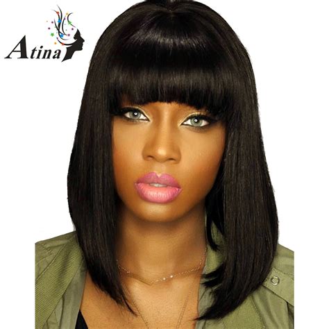 Short Human Hair Wigs With Bangs Straight Lace Front Wigs Brazilian Remy Hair Wig For Black