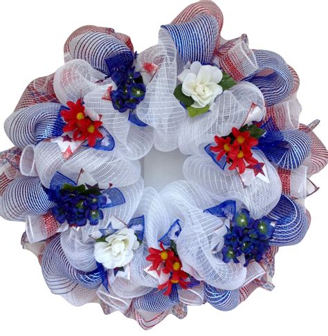 Patriotic Floral Deco Mesh Wreath Shimmering Red White And Blue Home