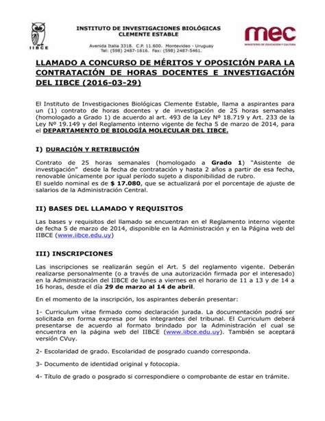 Llamado A Concurso De M Ritos Y Oposici N Para La