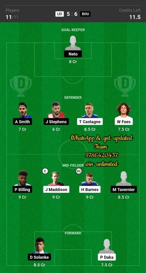 Lei Vs Bou Dream Team Fantasy Prediction Premier League