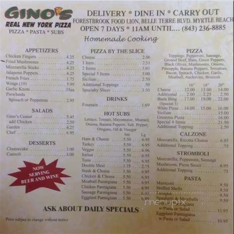 Menu Of Ginos Real Ny Pizza In Myrtle Beach Sc 29579