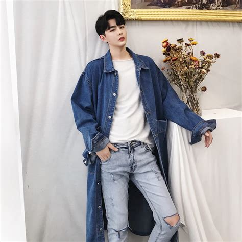 Men Long Casual Denim Trench Coat Streetwear Hip Hop Fashion Loose Cowboy Cardigan Jacket Male