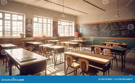 School Classroom With School Desks And Blackboard Generative Ai Stock Illustration