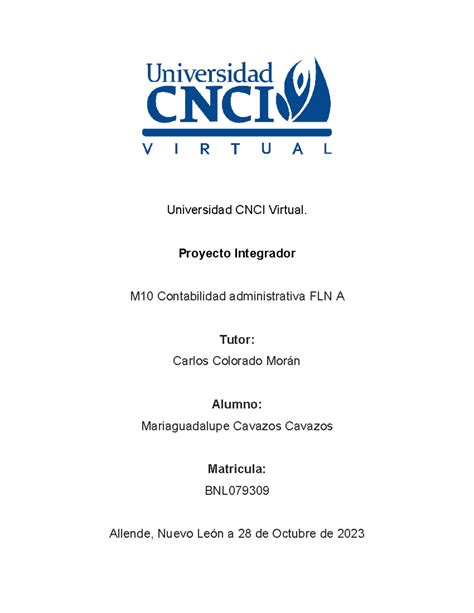 Proyecto Integrador Contabilidad Administrativa Universidad Cnci