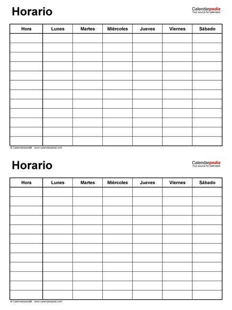 Horarios En Formatos Word Excel Y PDF Calendarpedia