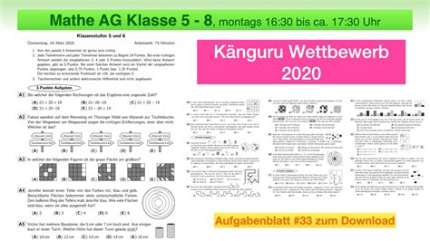 33 Mathe AG 5 bis 8 Känguru Wettbewerb 2020 Aufgaben und