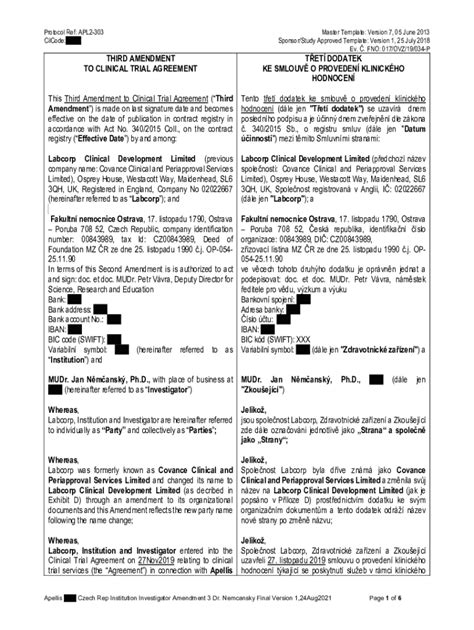 Fillable Online Smlouvy Gov Third Amendment To Clinical Trial Agreement