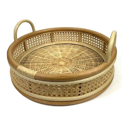 Unbranded Dining Vintage Bamboo Serving Tray Rattan Large Round