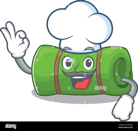 Funny Chef camping mat Scroll cartoon character wearing white hat Stock ...