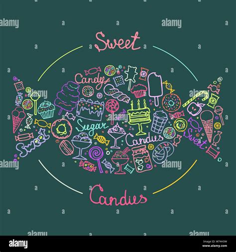 Set Of Candies Cakes Sweets Ice Cream And Desserts In Doodle Style