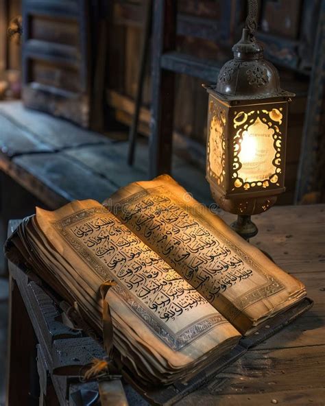 An Open Quran with Arabic Calligraphy Illuminated by the Light of a ...