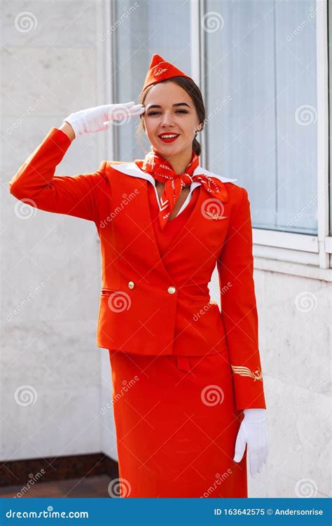 Russia Samara 08 August 2019 Stewardess Dressed In Official Red