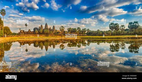 Angkor Wat Temple At Sunset Siem Reap Cambodia Panorama Stock Photo