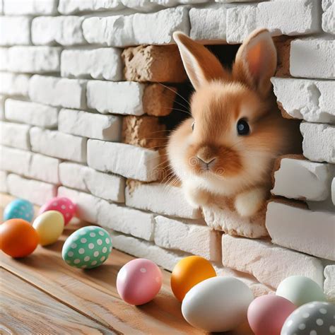 Generative AI Easter Bunny Peeking Out Of Hole In The Wall Stock