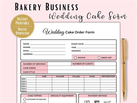 Wedding Cake Order Form, PDF Printable, Instant Download, Cottage ...