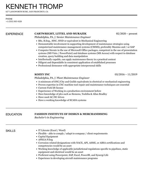 Maintenance Engineer Resume Samples Velvet Jobs