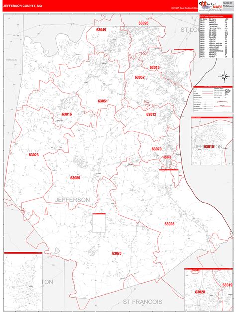 Jefferson County Mo Zip Code Wall Map Red Line Style By Marketmaps