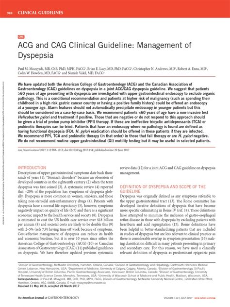 Acg And Cag Clinical Guideline Management Of10 Pdf Indigestion