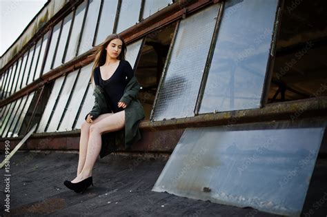 Sexy Model Girl Wit Long Legs At Black Lingerie Outfit Body Swimsuit Combidress And Jacket Posed