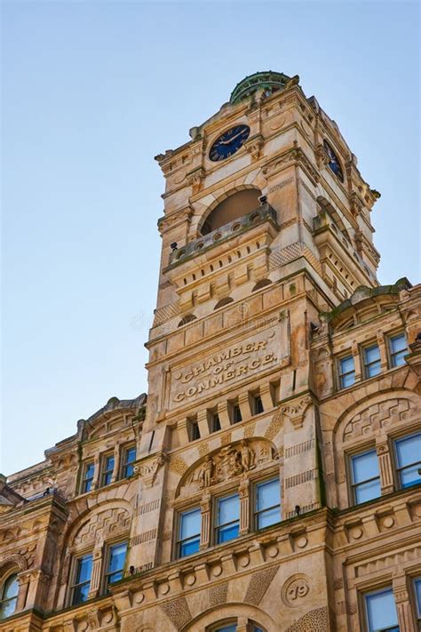 Grand Clock Tower At Night Neoclassical Architecture Stock Photo