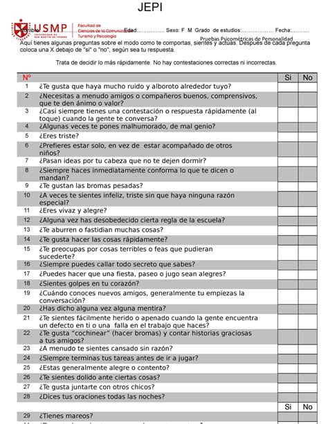 Jepi Eysenck Niños Tarea Pruebas Psicométricas De Personalidad Jepi