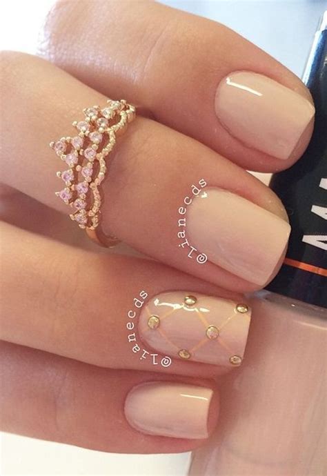 Another Nude Nail Art Design With Gold Beads On Top This Design Also Has The Single Diagonal