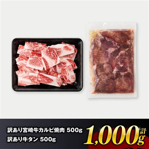 【訳あり】 宮崎牛カルビ焼肉＆塩だれ牛タン 計1000g 【 肉 宮崎牛 カルビ 牛肉 牛たん たん 厚切り 塩ダレ 塩だれ タン 味付き