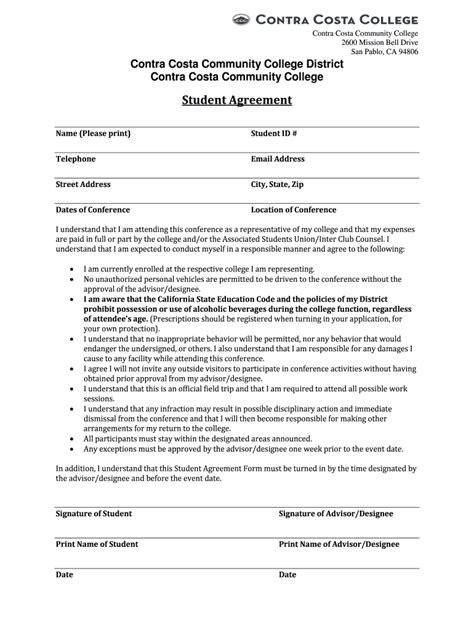 Fillable Online Coast Contracosta Student Agreement Contra Costa