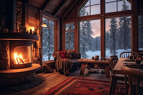 Cozy cabin in the woods with warm fireplace | Premium AI-generated image