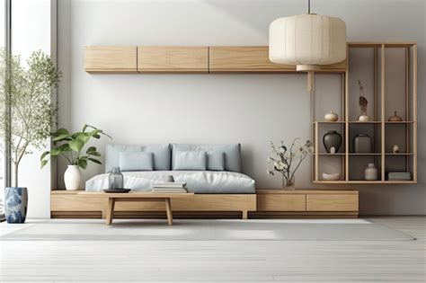 Sala de estar japonesa con sofá y mueble contra pared blanca Foto Premium