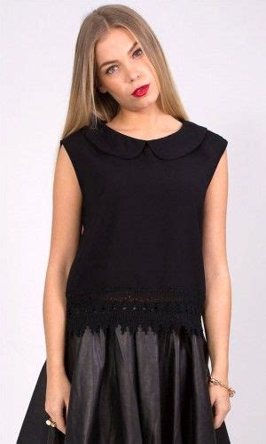 Sleeveless Peter Pan Collar Crochet Lace Hem Boxy Fit Blouses Tops