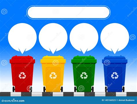 Four Colorful Recycle Bins Isolated On Blue Background White Speech