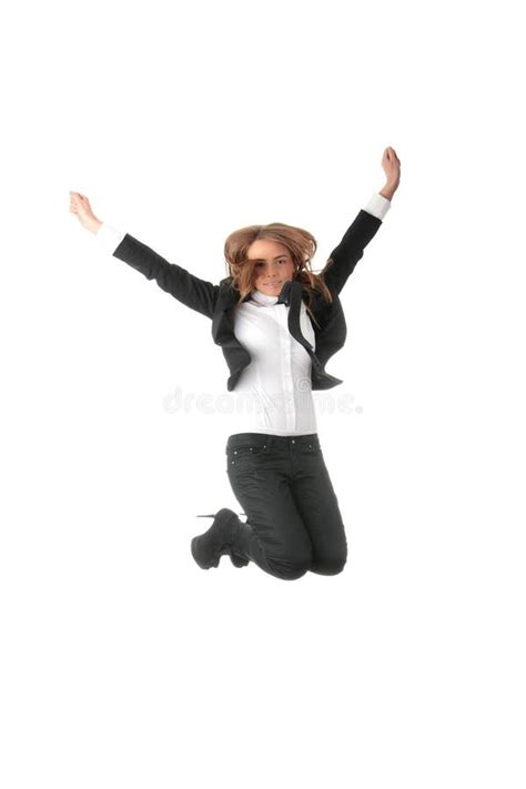 A Business Woman Jumping With Hands In The Air Stock Image Image Of