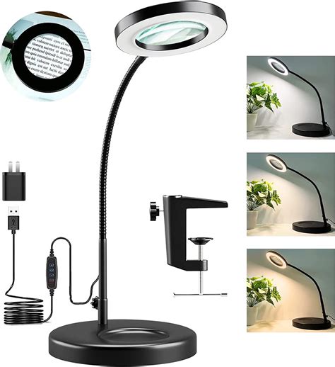 10x Led Lighted Magnifying Glass With Stand 3 Modes Dimmable Hands Free Desk Lamp For Crafts