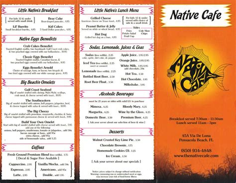 Menu at Native Cafe, Pensacola Beach