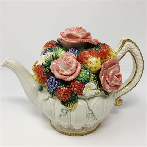 Fitz And Floyd Teapot Strawberries And Roses Floral And Etsy Fitz