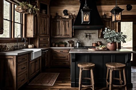 Cocina rústica de una casa de campo con gabinetes de madera