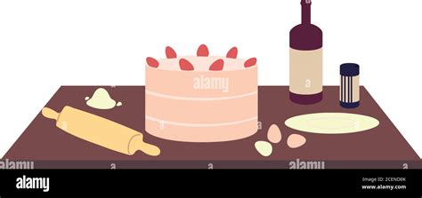 Dark Wood Kitchen Countertops With Cake And Bottle Of Wine Vector