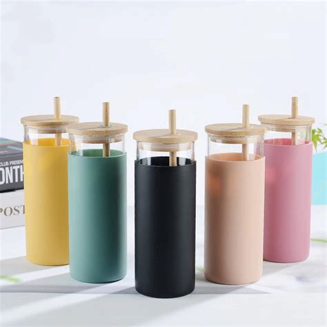 Eco Friendly Bamboo Straw Lid Borosilicate Glass Tumbler Water Bottle