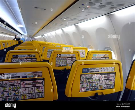 Empty Airplane cabin on a Ryanair flight, photograph showing all the ...