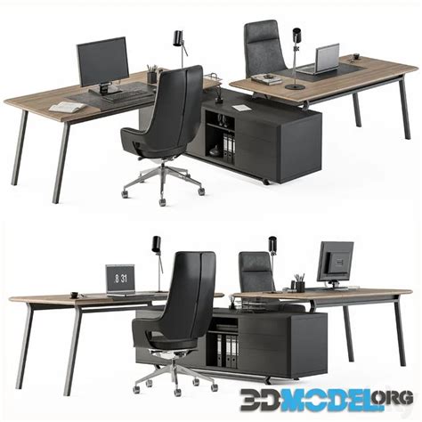 3d Model Employee Set Wood And Black Office Furniture 270