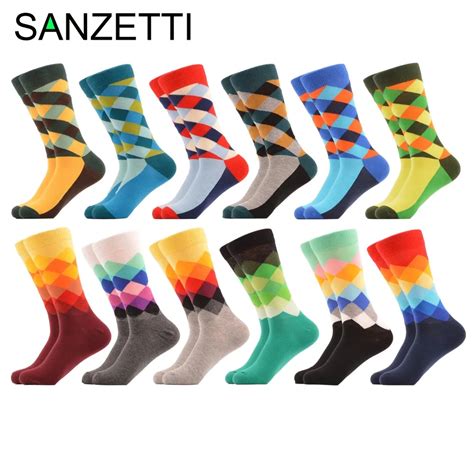 Sanzetti 12 Pairslot Mens Colorful Argyle Combed Cotton Socks Funny Striped Dot Multi Set