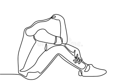 Continuous Line Drawing Of Young Woman Sitting On The Floor Headache