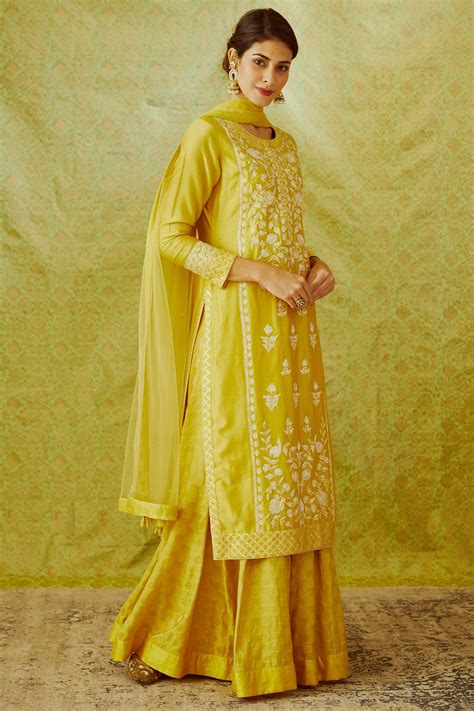 Buy Yellow Chanderi Round Kurta Lehenga Set For Women By Shyam Narayan