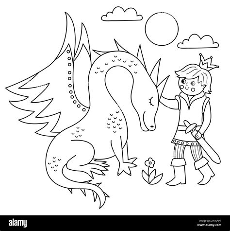 Fairy tale black and white prince with dragon coloring page. Vector ...