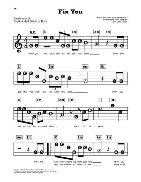 Fix You By Coldplay Sheet Music For E Z Play Today At Sheet Music Direct