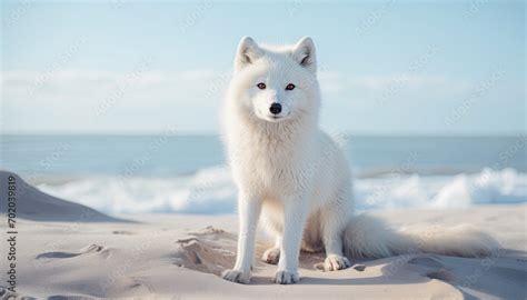 Cute White Artic Fox Sitting Resting Relaxing On Light Beige Beach Sand