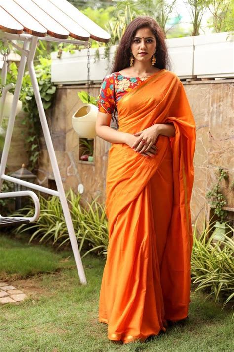 Tango Orange Cotton Saree with Kalamkari Blouse - No Plastic Shop